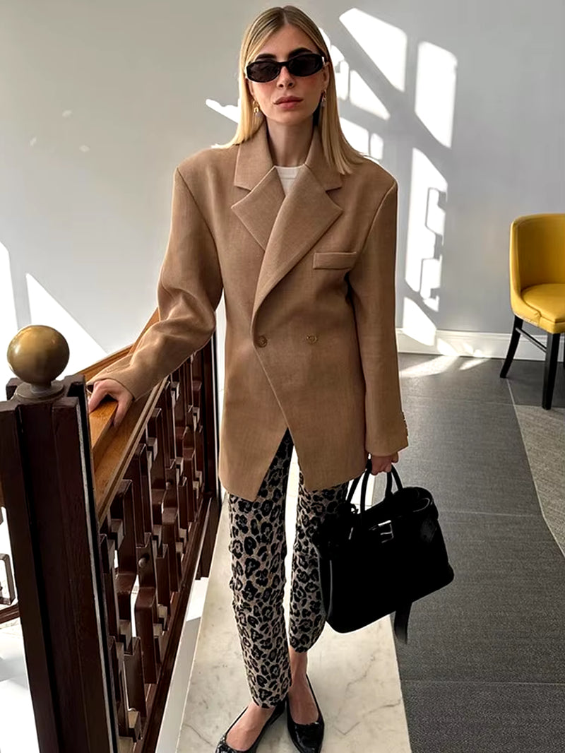 Casual Brown Lapel with Pocket Jacket Woman Fashion Cuff Buttons Long Sleeve Blazer Coat 2024 Lady Autumn High Street Outwear