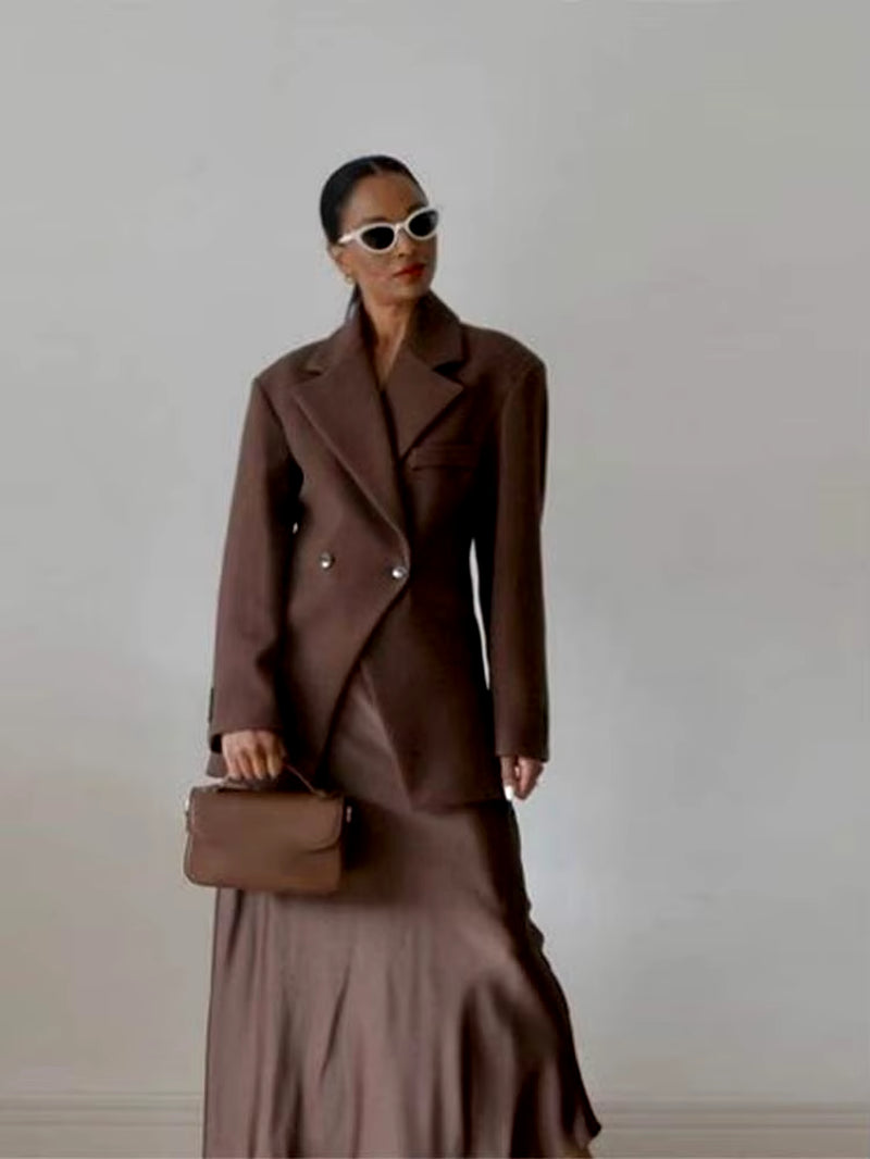 Casual Brown Lapel with Pocket Jacket Woman Fashion Cuff Buttons Long Sleeve Blazer Coat 2024 Lady Autumn High Street Outwear